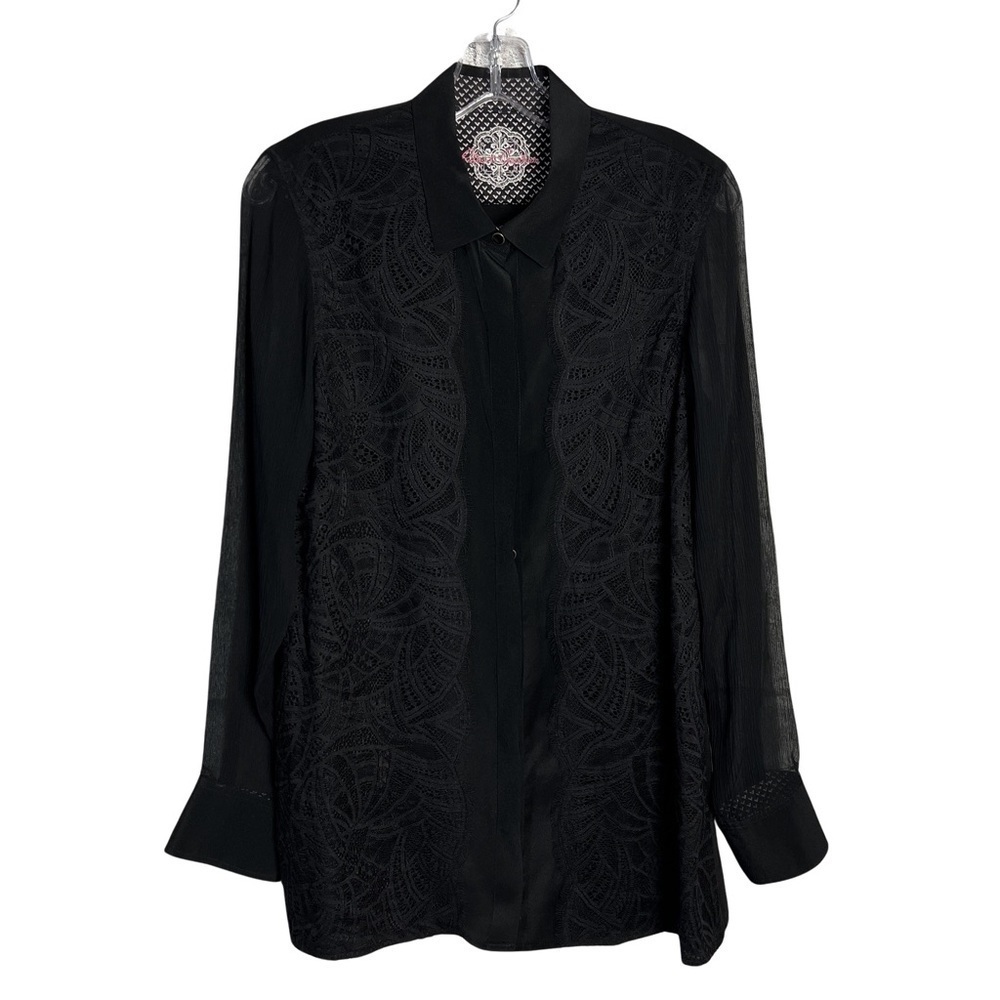 Robert Graham Black Silk Sheer Lace Long Sleeve Button Down Blouse Top